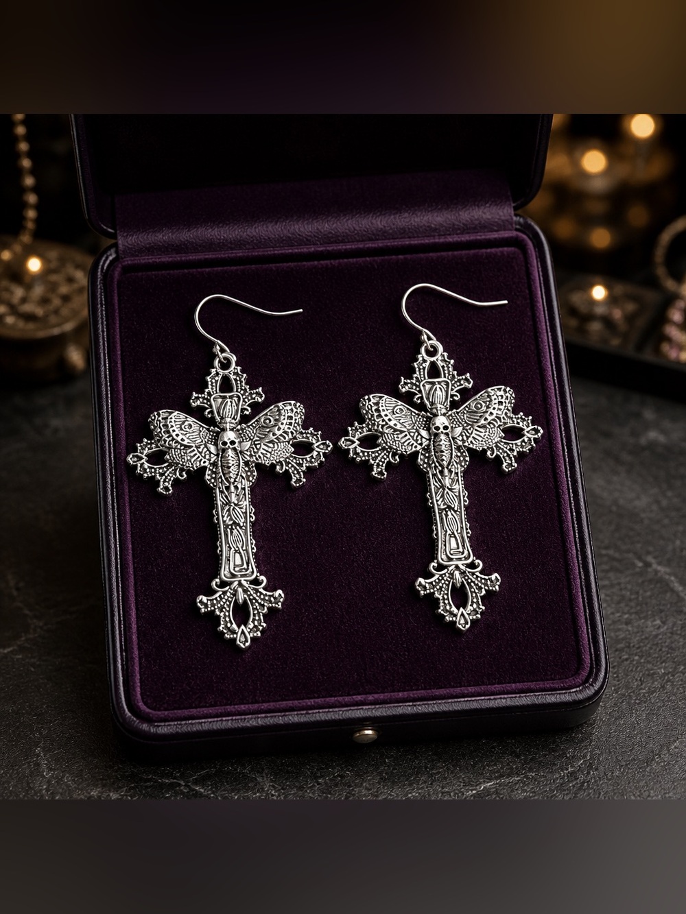 Ornate Silver Cross Drop Earrings for Women